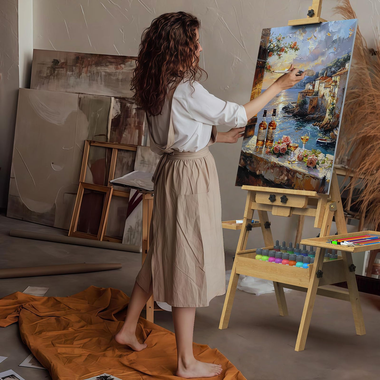 Solid Beech Wood H-Frame Easel, Large Painting Easel with Storage Box and Palette, Professional Foldable Studio Art Easel Stand with Signature Box for Adults, Holds Canvas Art up to 48" YACONA
