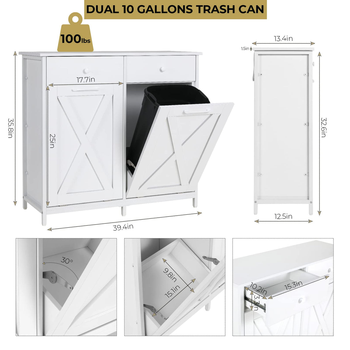 Arlopu Dual Tilt Out Trash Cabinet, 10X2 Gallon Pet Proof Kitchen Pull Out Hidden Garbage Can Cabinet, Freestand Wooden Laundry Sorter Cabinet, W/Drawer, Barn Door, for Home, Living (White) Arlopu