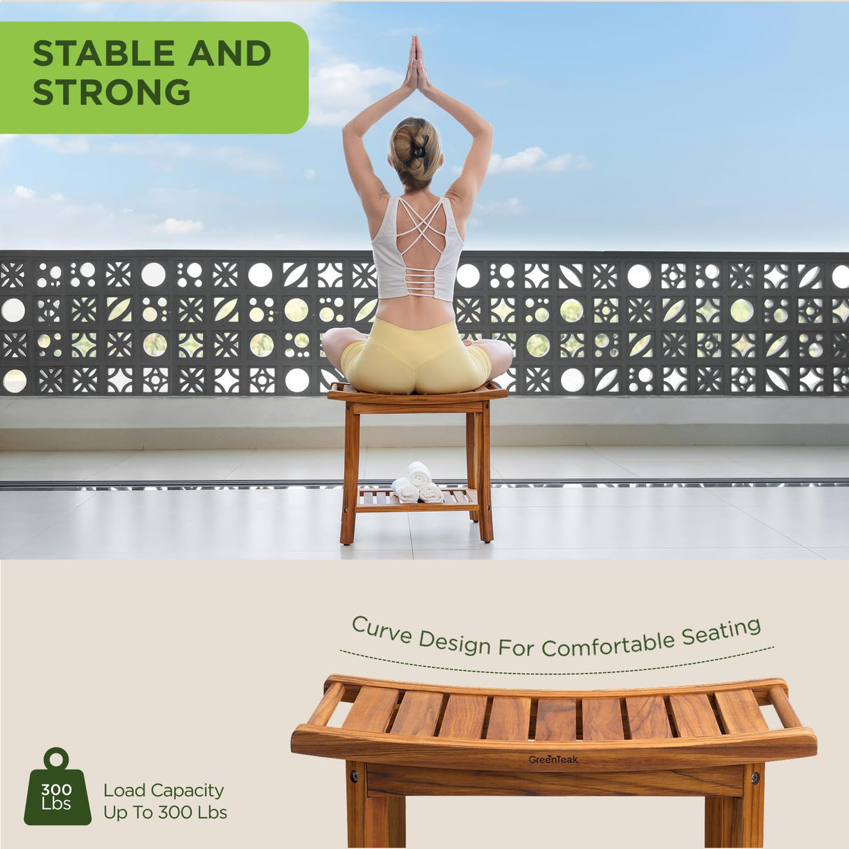 GREENTEAK Premium 22" Teak Shower Bench with Handles, Waterproof Teak Shower Stool, Wooden Stool for Bathroom, Teak Wood Shower Seat Chair for Shower Storage Shelf, 300 Lbs Capacity GREENTEAK