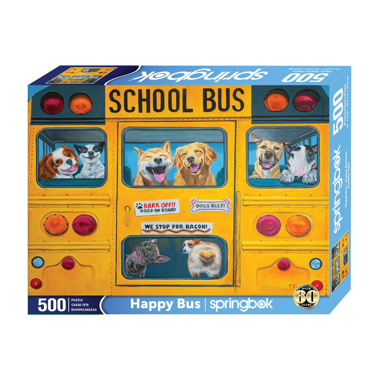 Springbok Happy Bus 500 Piece Jigsaw Puzzle for Adults and Kids - Dog Lovers Will Enjoy This Illustration by Artist Carol Luz of Lots of Happy Dogs on The schoolbus. Springbok