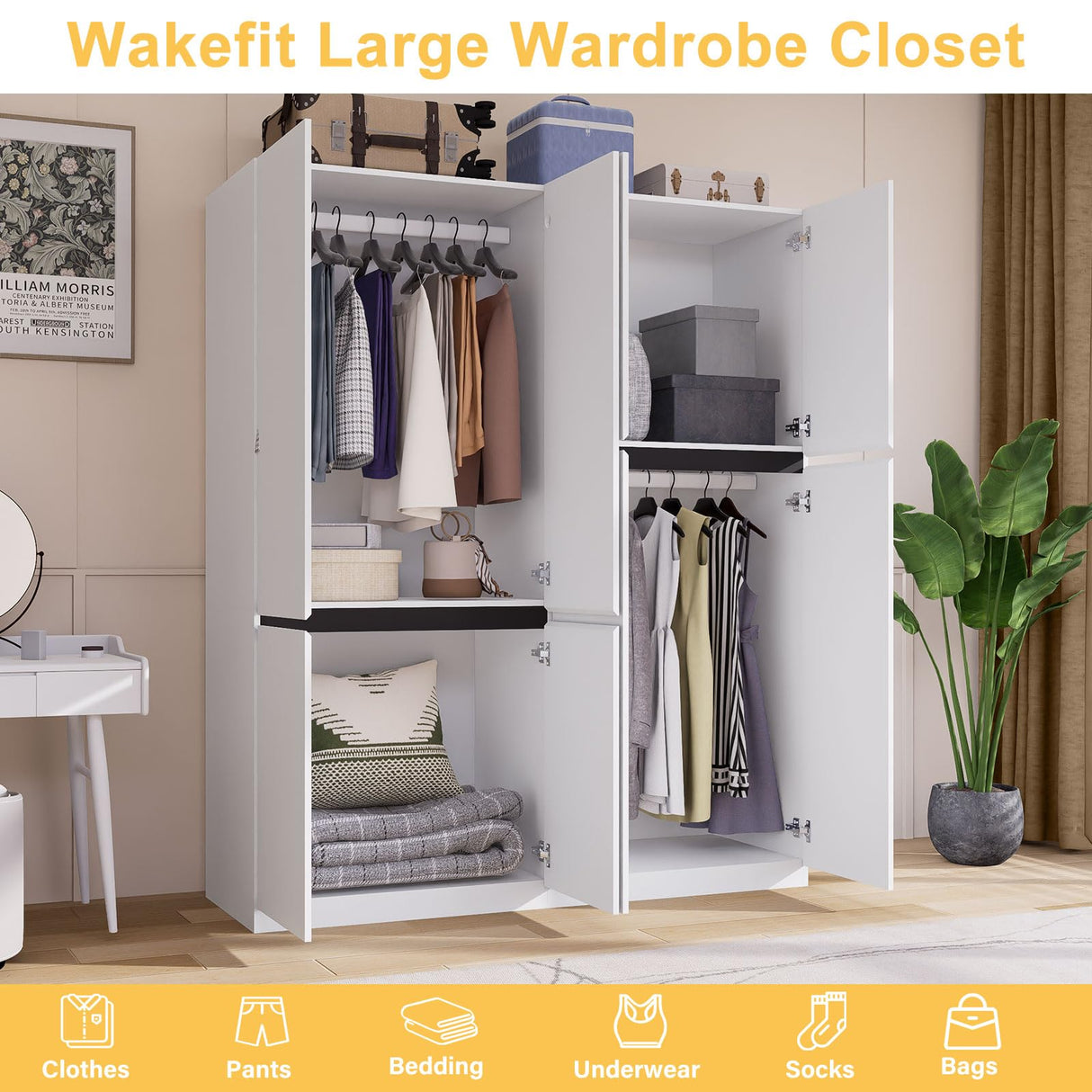 Wakefit 4 Doors Armoire Closet, Wooden Bedroom Armoires with Hanging Rod, Wardrobe Closet with Doors, Freestanding Wardrobe Cabinet for Bedroom, Guest Room, White(20.4" D x 63" W x 74.8" H) Wakefit