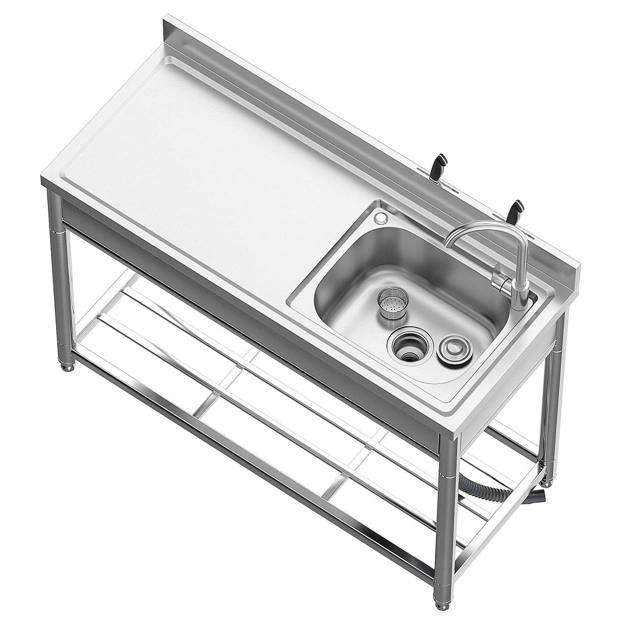 Free Standing Stainless-Steel Single Bowl, Commercial Restaurant Kitchen Sink Set w/Faucet & Drainboard, Prep & Utility Washing Hand Basin w/Workbench & Storage Shelves Indoor Outdoor (47in) KINGBO