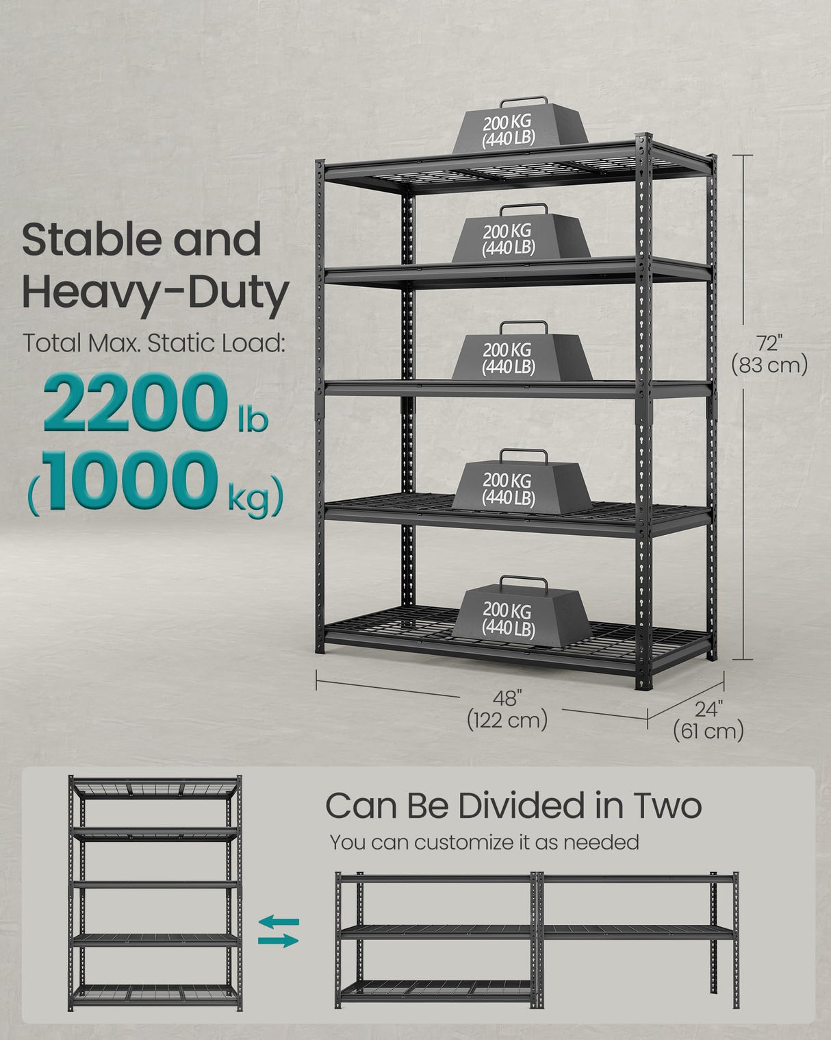 SONGMICS 5-Tier Storage Shelves, Heavy-Duty Garage Shelving, Adjustable Shelving Unit, Steel Shelf, Boltless Assembly, for Garage, 2,200 lb Load, 24 x 96 x 72 Inches, Ink Black UGLR454B02 SONGMICS
