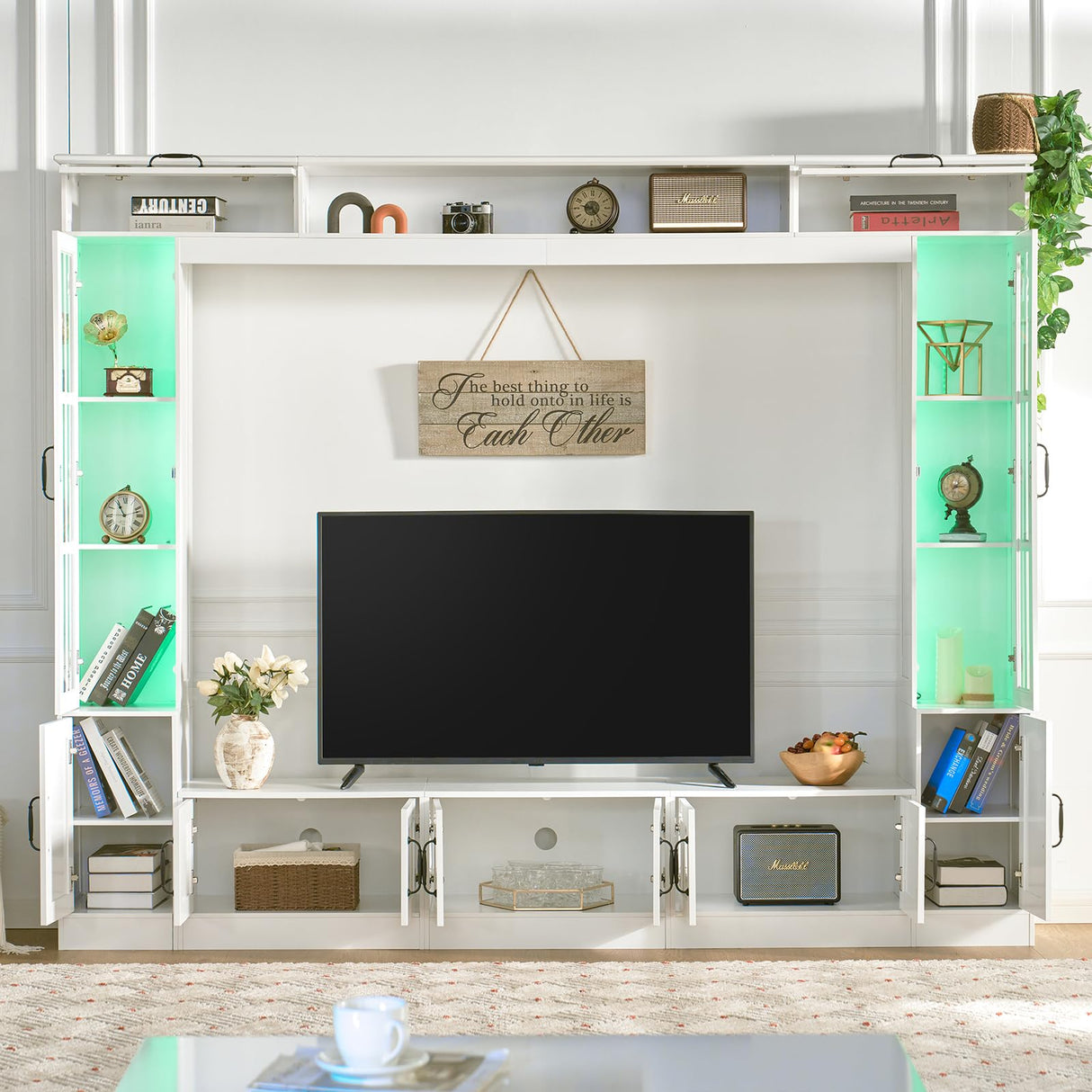 LUXOAK 98" Wide Wall Unit TV Stand with Storage for TVs up to 80", Large Modern TV Console Table with LED Lights, Entertainment Center with Bookshelves for Living Room, White LUXOAK