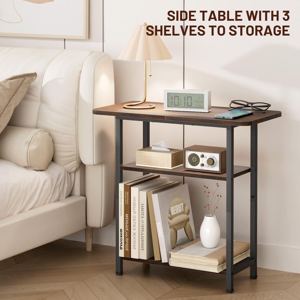 SLEEPING LAMB Side Table for Living Room, 3-Tier End Table for Small Space with Wide Storage Tabletop, Rustic Brown Narrow Nightstand for Bedroom, Sofa Couch SLEEPING LAMB