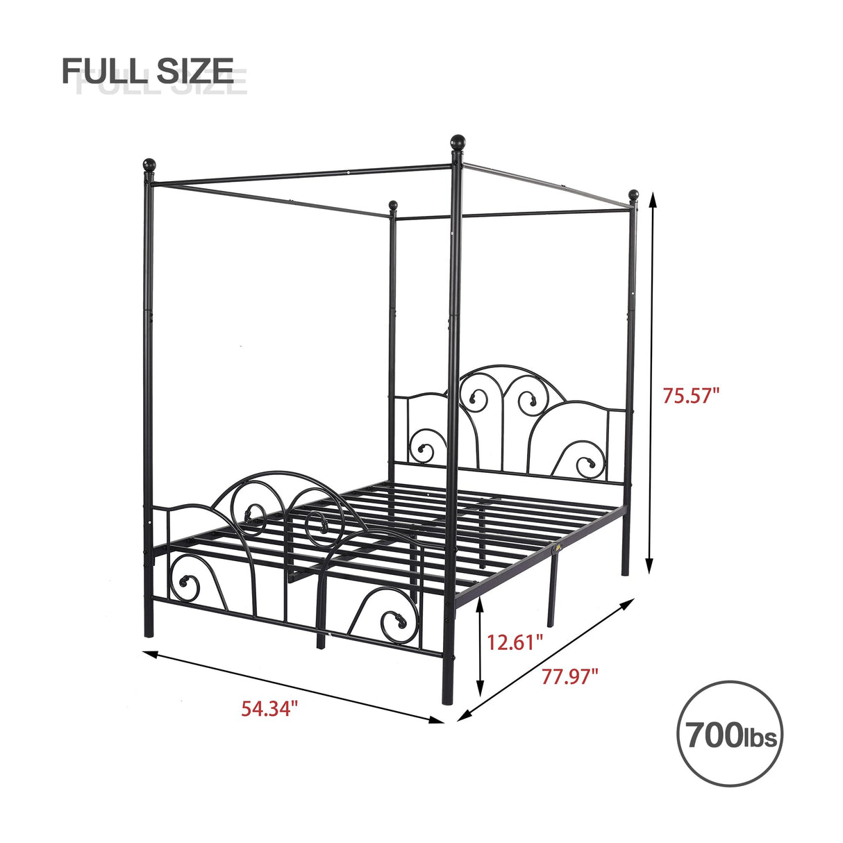 AUFANK Full Size Four-Poster Metal Canopy Bed Frame with Headboard and Footboard Sturdy Slatted Structure No Box Spring Needed Black AUFANK