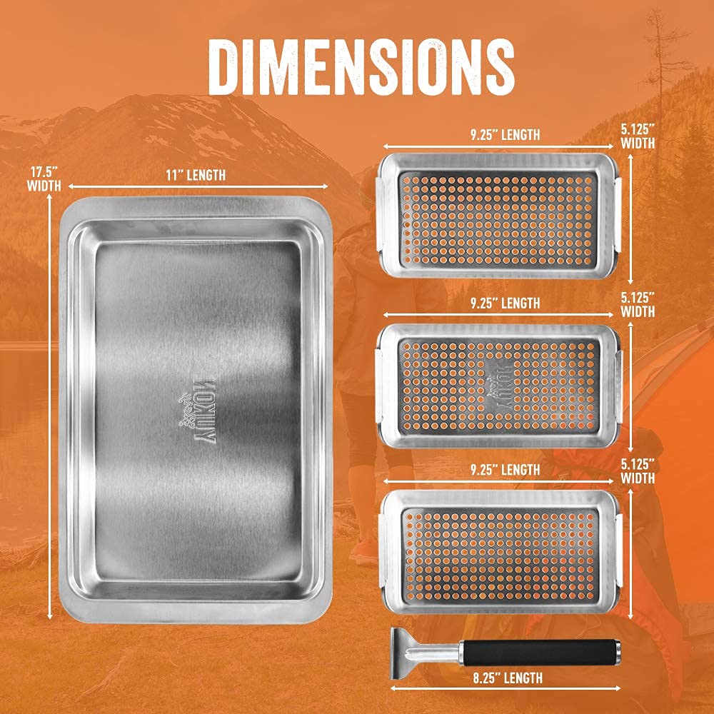 Yukon Glory™ BBQ 'N SERVE Grill Basket Set - Includes 3 Grilling Baskets a Serving Tray & Clip-on Handle - "Patented Grill-to-Table Design" Perfect For Grilling Fish Veggies & Meats Yukon Glory