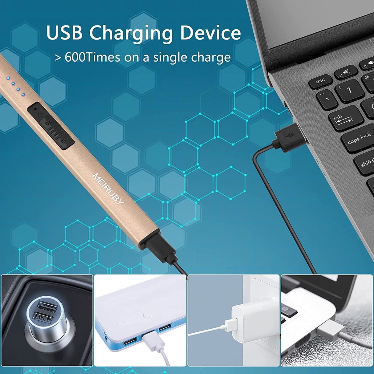 MEIRUBY Lighter Electric Candle Lighter Long Electronic Rechargeable USB Lighter Arc Windproof Flameless Lighters for Candle Camping BBQ Birthday Women's Day Gifts for Women Mom Wife Men, Gold MEIRUBY