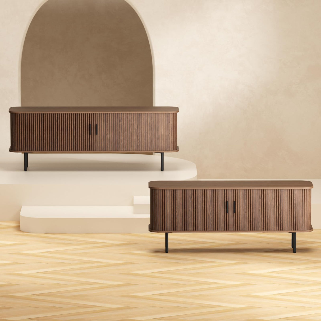 FiveWillowise 63" Mid Century Modern Fluted TV Stand for TVs up to 75 Inch, Gaming Entertainment Center with Tambour Slatted Sliding Doors, Media TV Consoles Table for Living Room, Walnut FiveWillowise