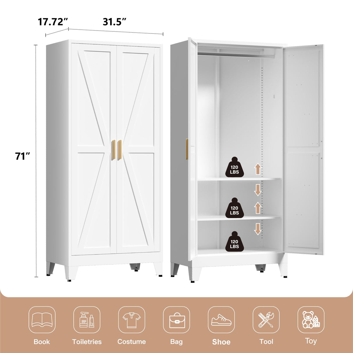 LCAOPC 71" Tall Metal Wardrobe Closet with Adjustable Shelves and Hanging Rod, 2 Doors Free Standing Armoire Wardrobe Cabinet for Bedroom, Office, Laundry Room, White LCAOPC