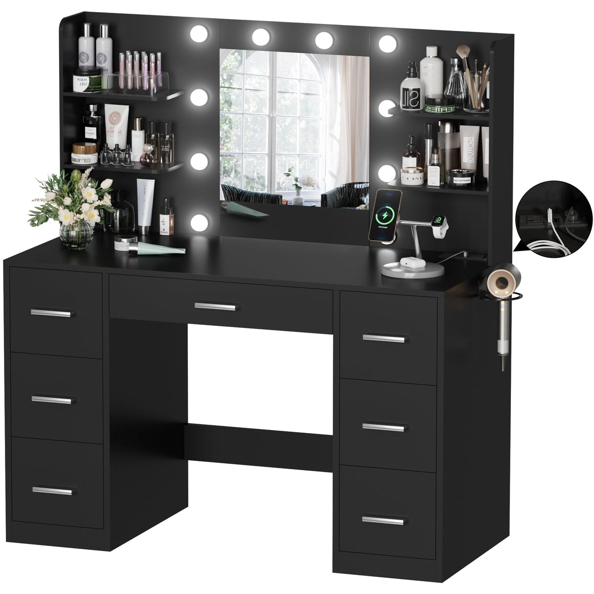 YESHOMY Vanity Desk with Mirror, Power Outlet and 10 Lights, Makeup Table with 7 Drawers, 3 Color Modes Available for Bedroom, Dark Black YESHOMY