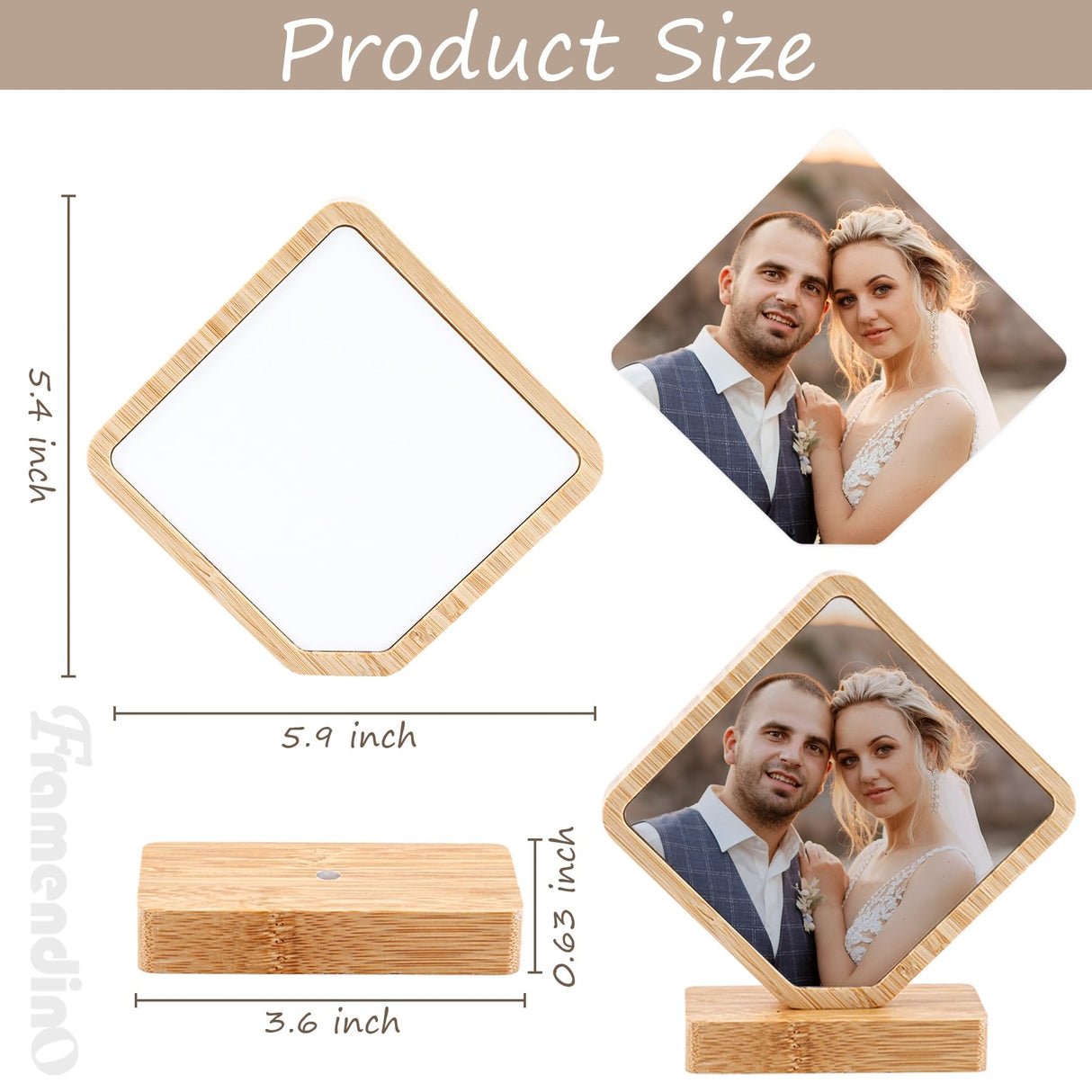 Framendino, 1 Pack Sublimation Photo Frames Blanks Heat Transfer Wood Diamond Shape Picture Frames for DIY Photo Prints Framendino