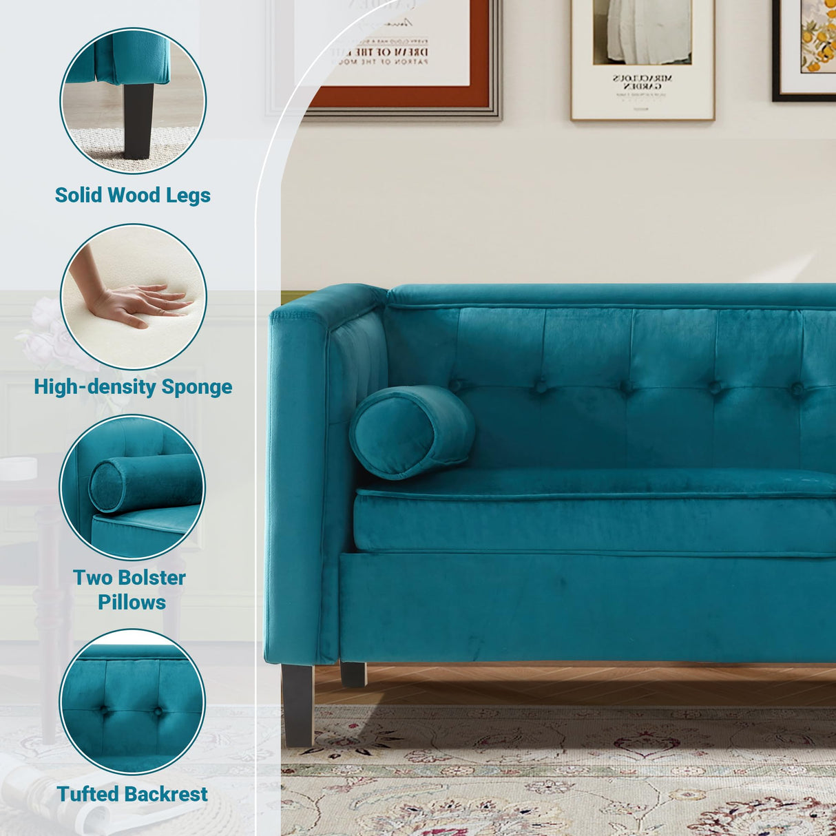 Dreamsir 78'' W Velvet Sofa, Mid-Century Love Seats Sofa Furniture with Bolster Pillows, Button Tufted Couch for Living Room, Tool-Free Assembly (Sofa, Peacock Blue) Dreamsir