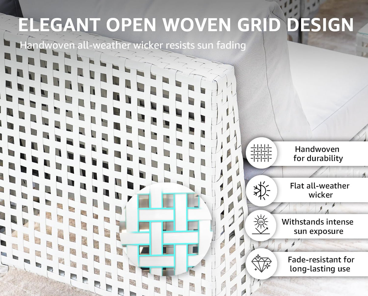 NICESOUL 7 Pieces 25.6" Deep Seat Patio Conversation Sets, White Open Weave Rattan Durable Patio Sectional Sofa, Weather Resistant Outdoor Seating Set for Backyard Terrace Porch, Light Grey NICESOUL