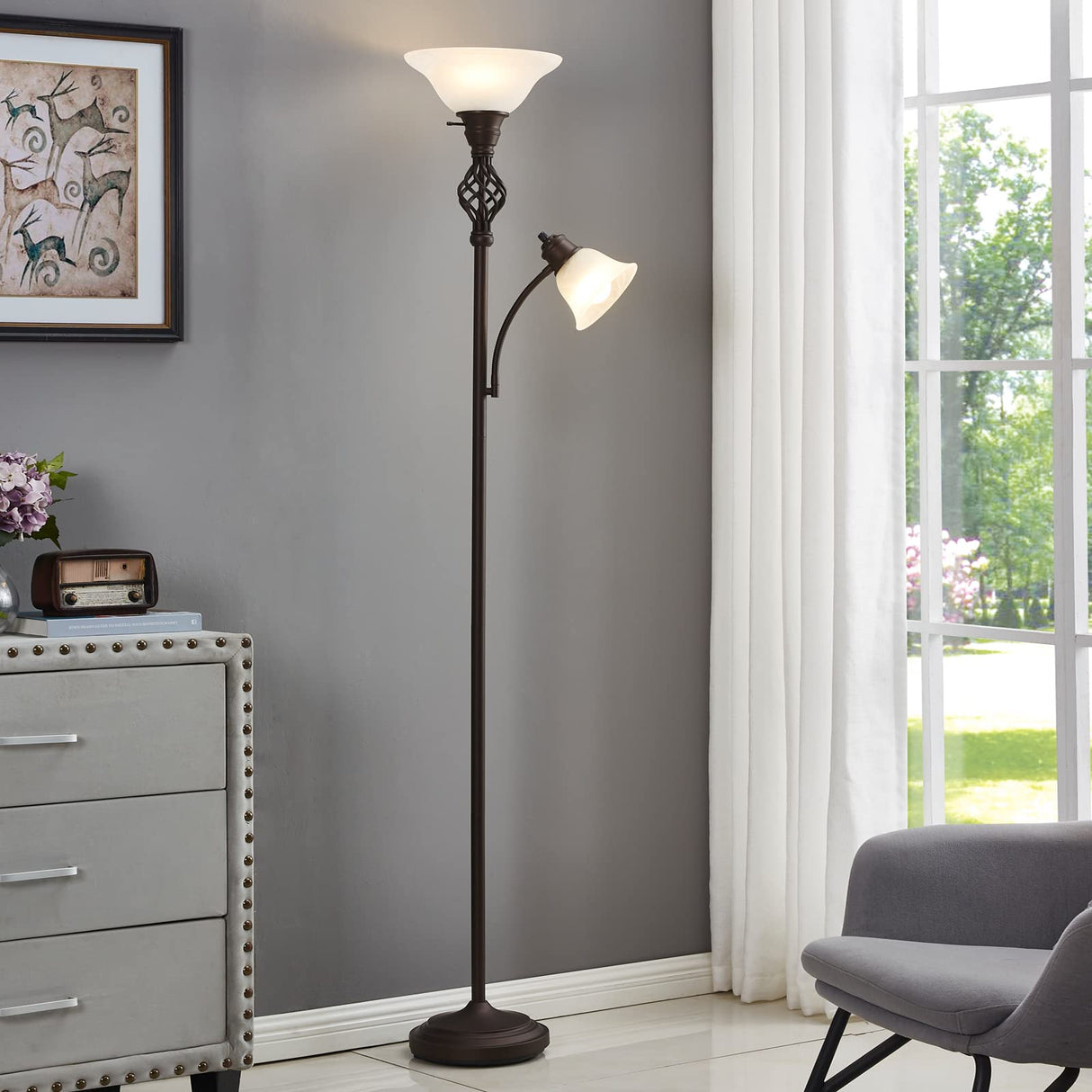 Torchiere Floor Lamp for Living Room, LED Standing Reading Light for Bedroom with Glass Shade for Living Room Corner Bedroom Home Office,Bulbs Included (Red Brown,Glass 2 Head) GyroVu