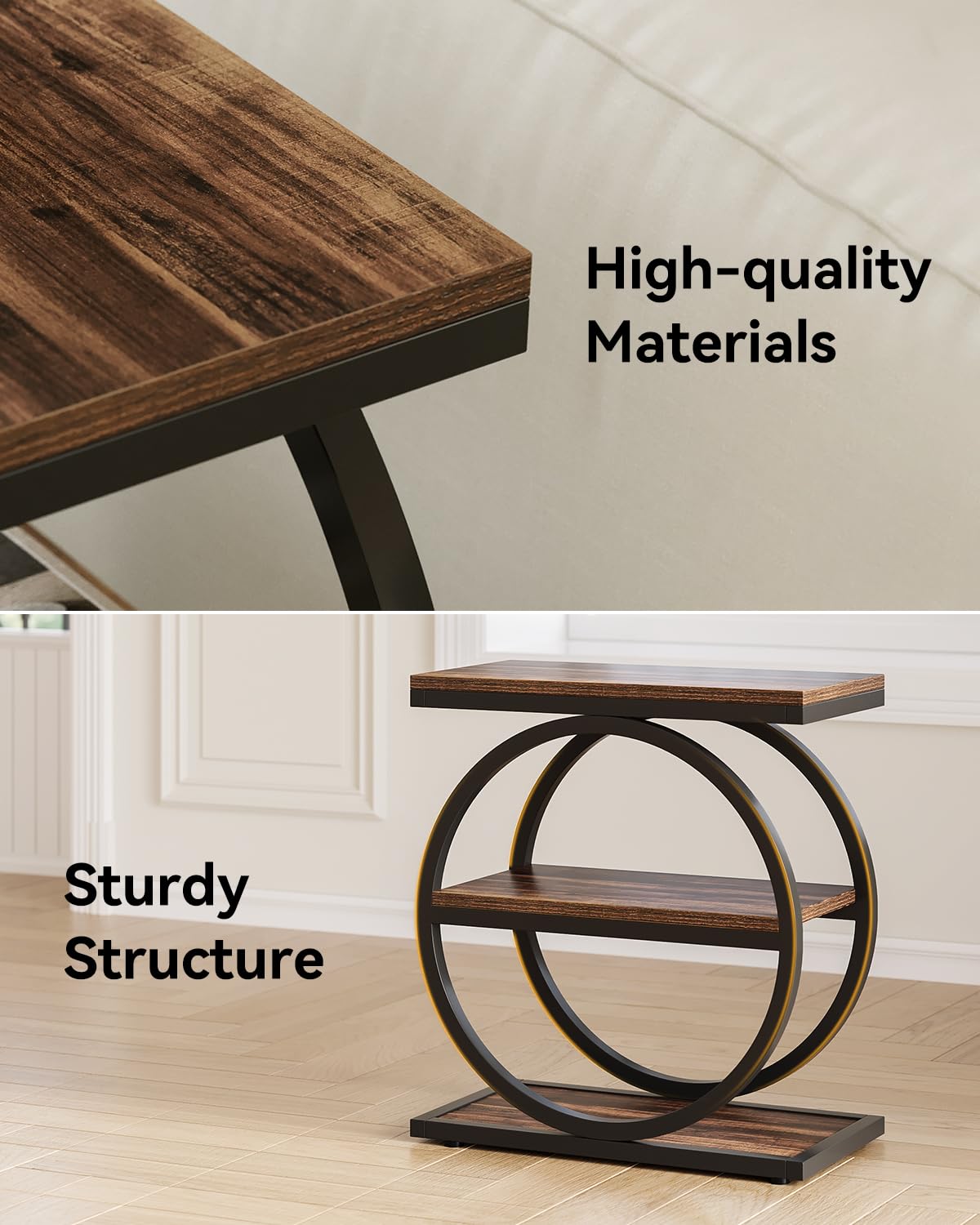 LITTLE TREE End Table, 3-Tier Side Table, Slim Sofa Side Table for Living Room, Tall Bedside Table Nightstand for Bedroom, Rustic Brown and Black LITTLE TREE