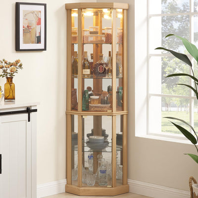HRVEOCEI Curio Cabinet with Lighted, Display Cabinet with Glass Doors, Corner China Cabinets with Tempered Adjustable Glass Shelves & Carved Decoration (Tall, Cherry) (Light Oak2, Tall)