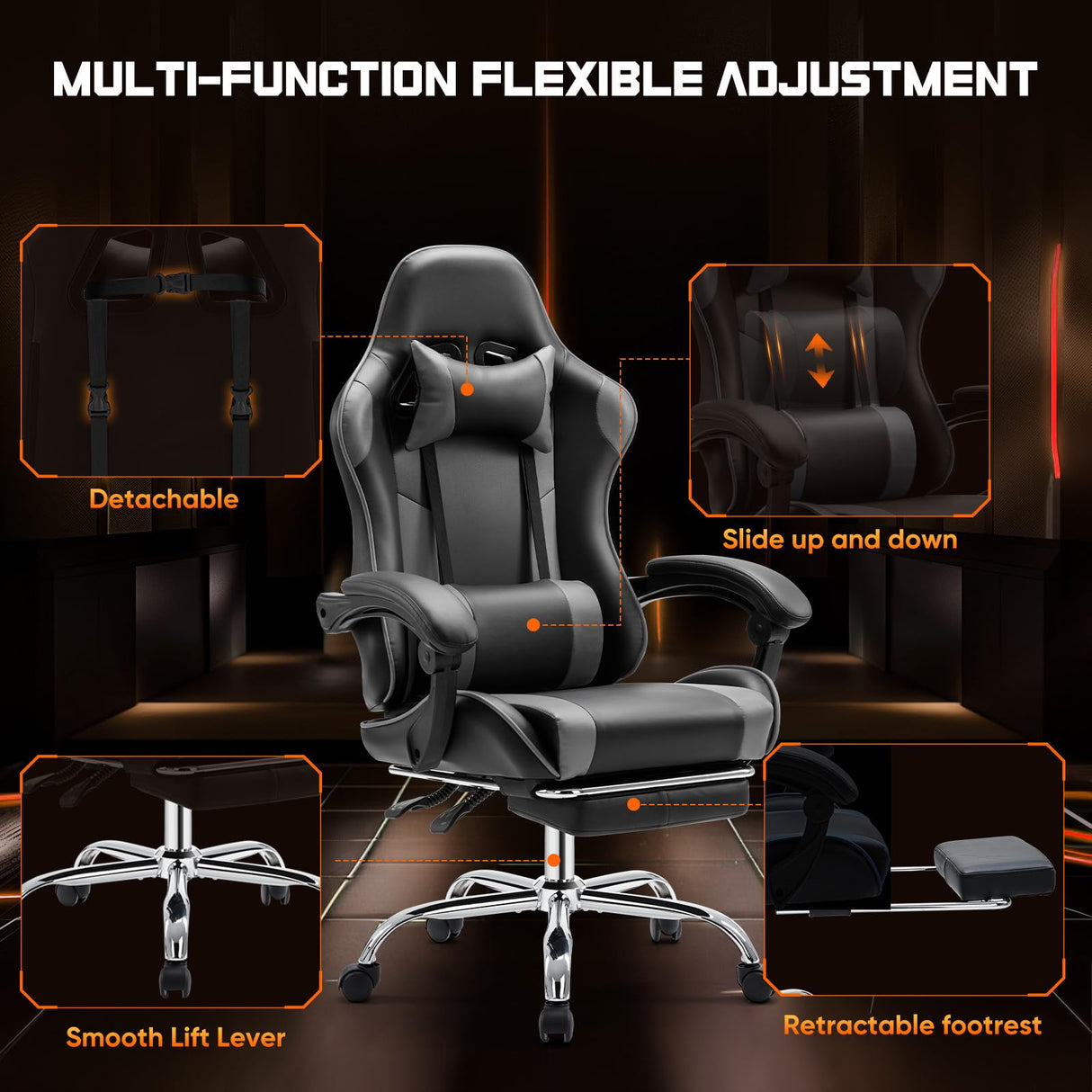 Sweetcrispy Video Game Desk Chair - Ergonomic Computer with Footrest and Comfy Lumbar Support, PU Leather Recliner with Headrest, Fixed Up Armrest, Height Adjustable with 360° Swivel, for Adults, Grey Sweetcrispy