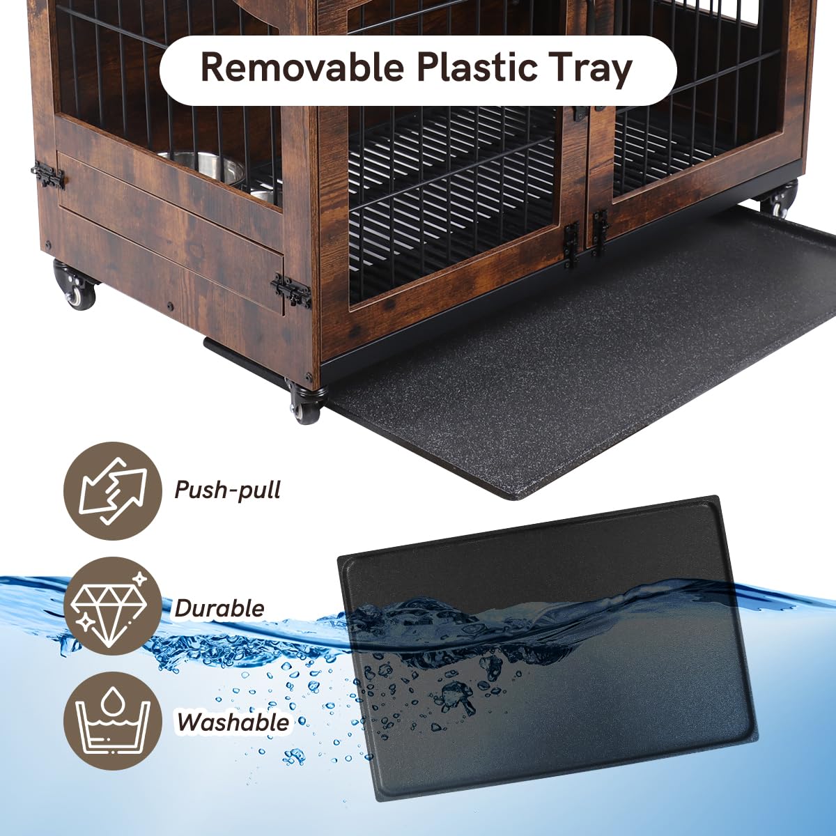 Snowtaros Dog Crate Furniture, Wooden Dog Kennel with 360° Rotatable Bowls, Heavy Duty Dog Crate with Double Doors, Dog Cage End Table Indoor with Removable Tray Swiveling Wheels for Small Medium Dogs Snowtaros