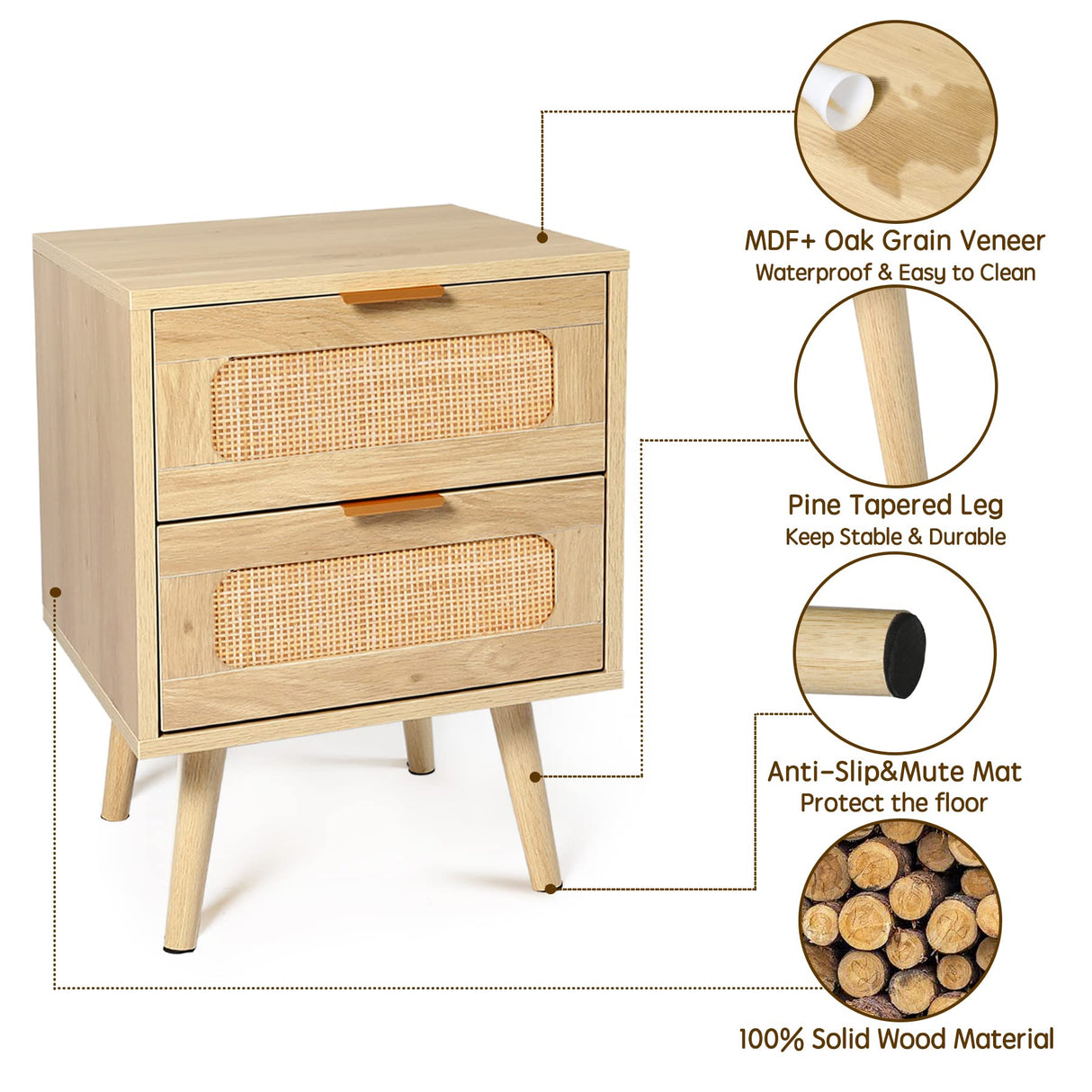 HOPUBUY Nightstands Set of 2 with Rattan Drawer, Modern Night Stand for Bedrooms, Wooden 2 Drawer Bedside Table Side Table for Small Place Living Room and Bedroom (Brown, 2 drawers 2 Pack) HOPUBUY