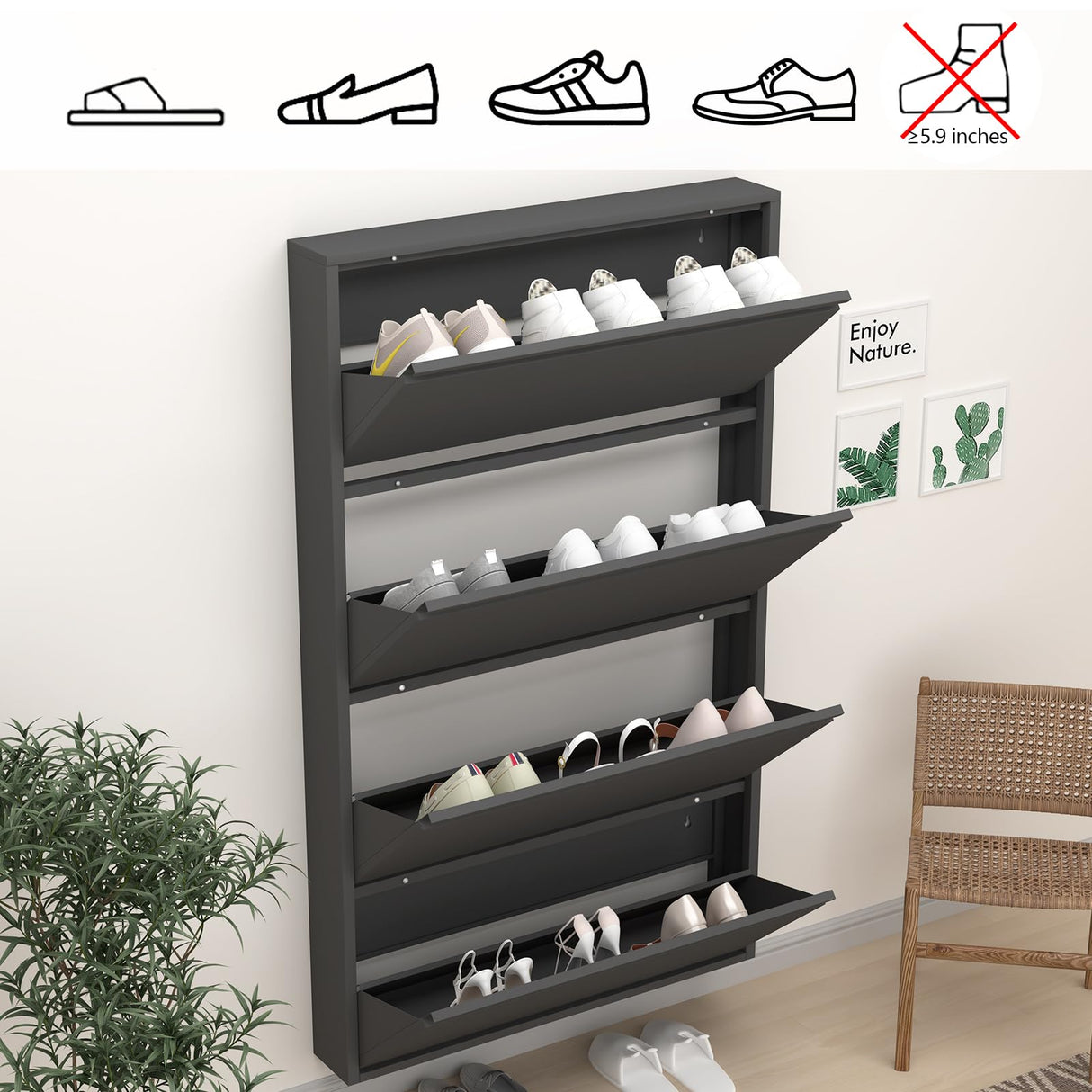 GREATMEET Black Shoe Cabinet Storage for Entryway, Narrow Shoe Cabinet for Entryway Slim, Wall Mounted Metal Hidden Shoe Organizer with 4 Flip Drawers GREATMEET