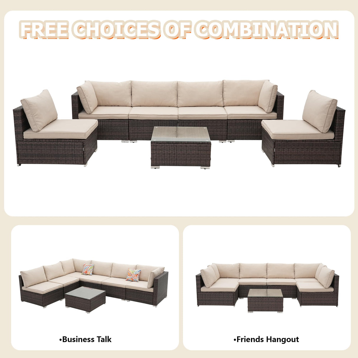 ZJEYEJZ 7 Pieces Patio Furniture Set - All-Weather Outdoor Wicker Sectional Conversation Sofa, Rattan Patio Seating Sofa Set with Cushion and Glass Table for Porch Poolside, Brown/Beige ZJEYEJZ
