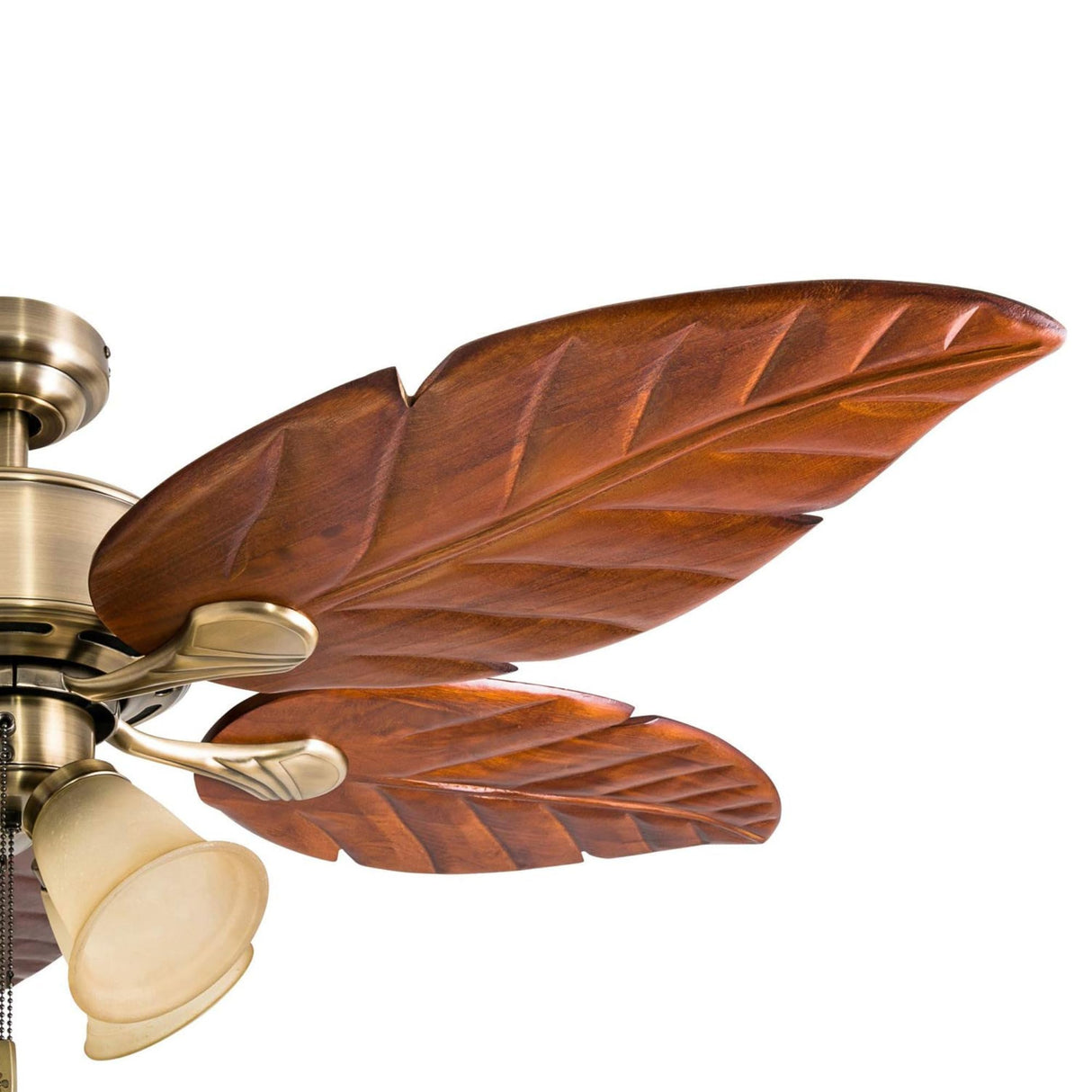 Honeywell Ceiling Fans Royal Palm, 52 Inch Tropical LED Ceiling Fan with Light, Pull Chain, Three Mounting Options, Hand Carved Solid Wood Blades - Model 50504-01 (Aged Brass) Honeywell Ceiling Fans
