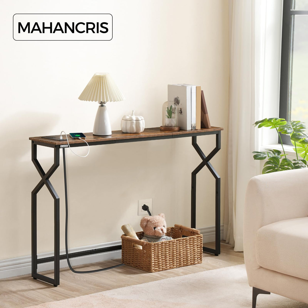 MAHANCRIS Sofa Console Table, 44.9" Entryway Table with Power Station, Narrow Couch Table, Hallway Table, Sofa Table with USB Ports, Metal Frame, for Entrance, Living Room, Rustic Brown CTHR113E01 MAHANCRIS