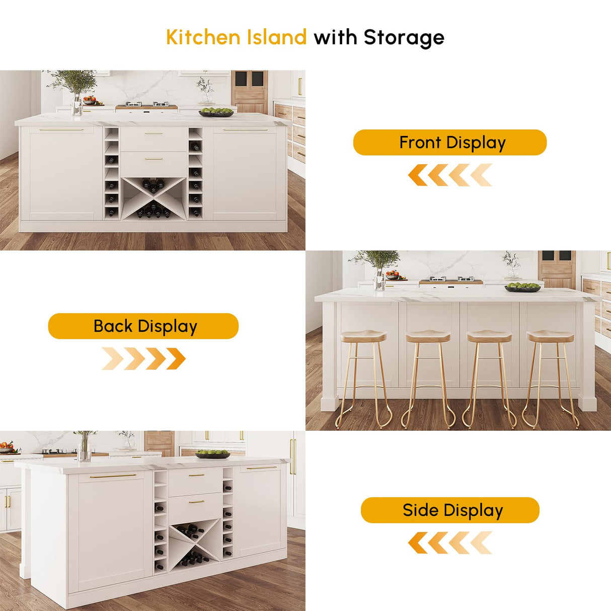 homary Kitchen Island 72" Modern White Melamine Islands Table with Wine Storage & Seating Space Sturdy Board Kitchen Cabinet with Extra Storage for Home homary