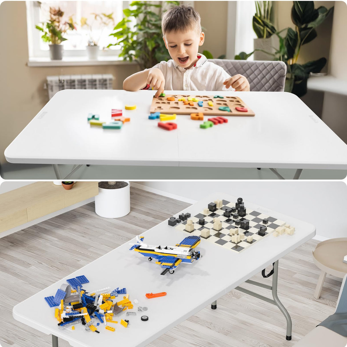 Bonnlo Folding Table 6ft, Portable Collapsible Plastic White Long Tables for Party, Camping, Banquet, Craft, Dining, Wedding, Outdoor and Indoor Use Bonnlo