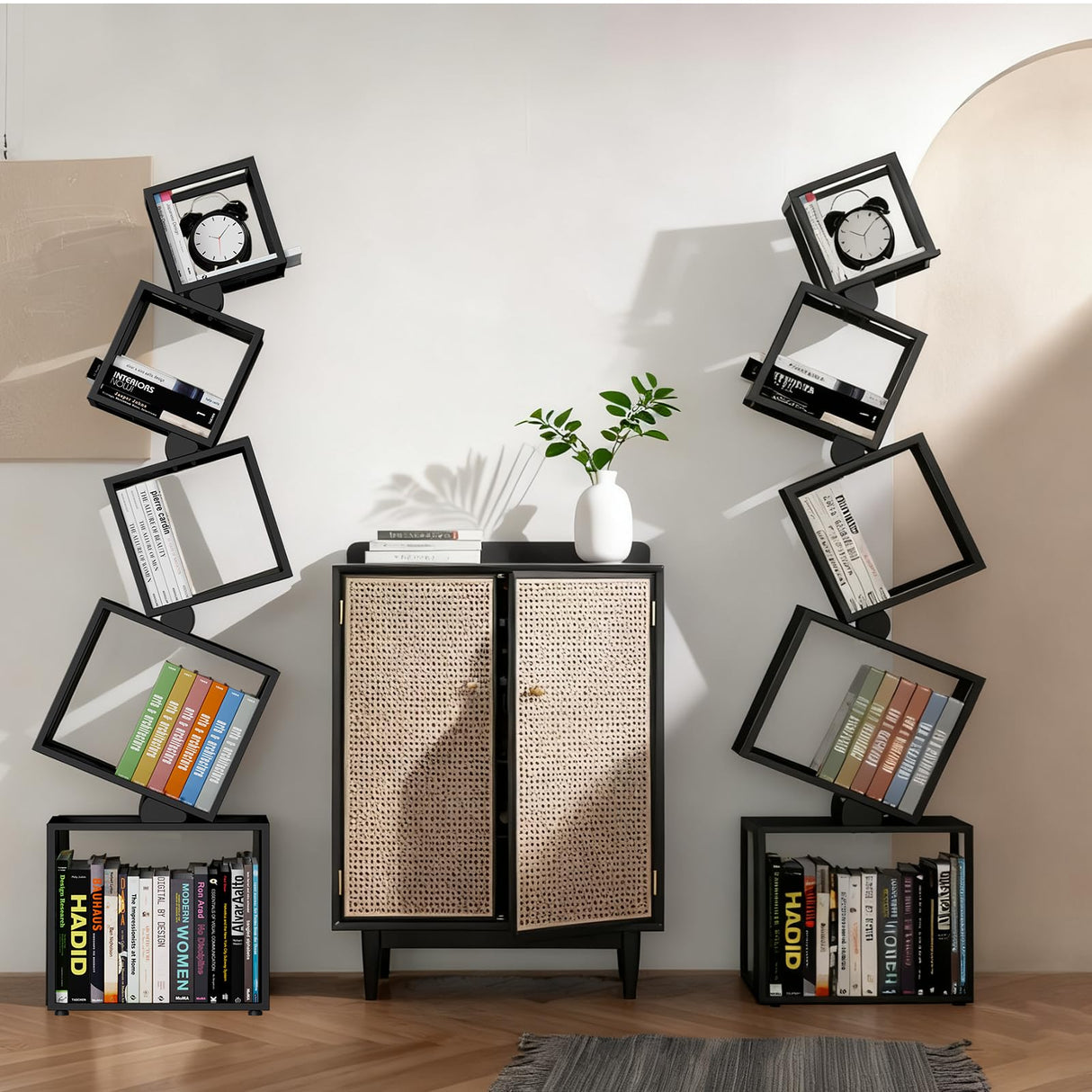 sugitek 5-Tier Skinny Bookshelf with Unique Geometric Design - Modern Metal Bookcase, Space-Saving Narrow Organizer for Living Room, Bedroom, Office, Corner - Black sugitek