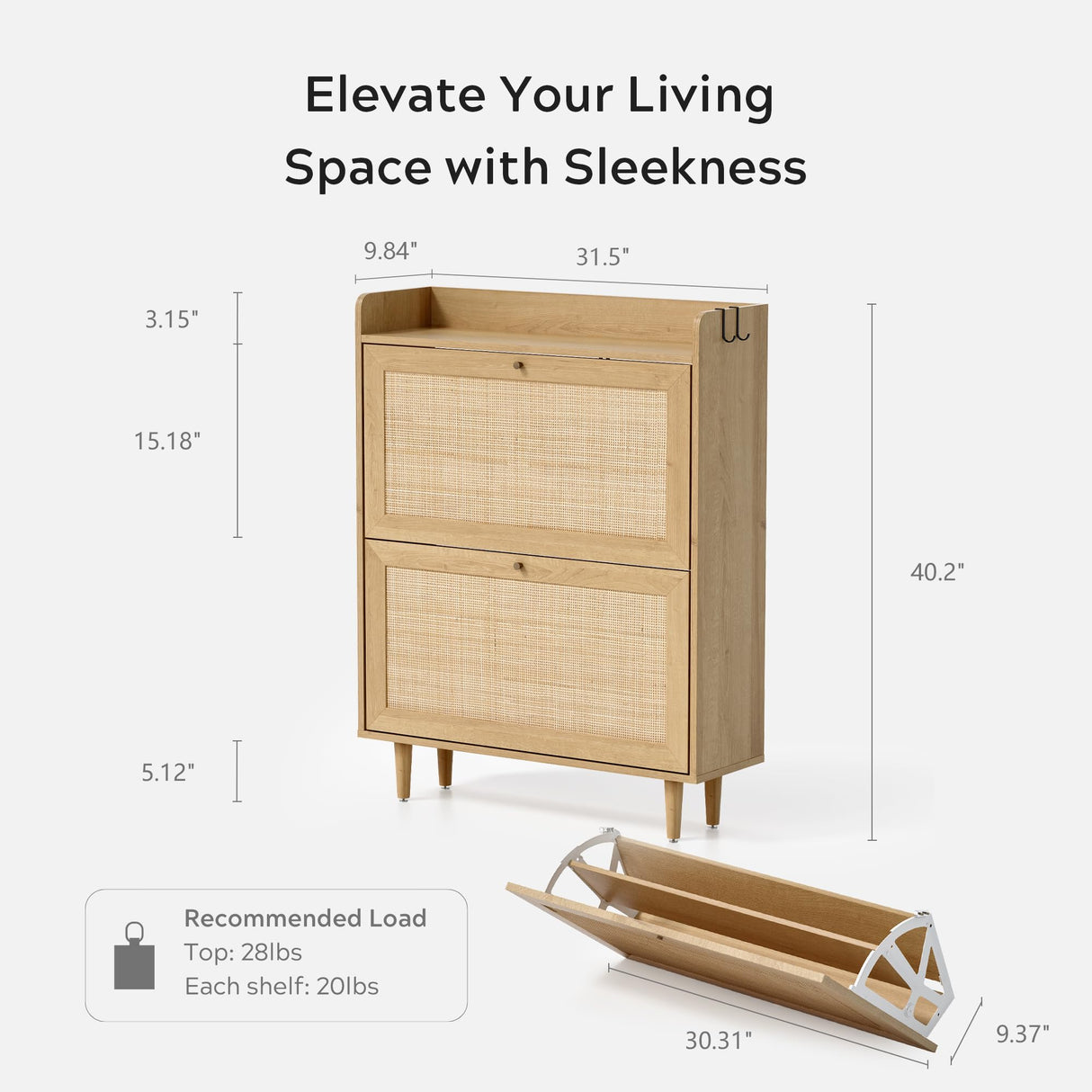 EYYTHUNG Shoe Cabinet with 2 Flip Drawers, Rattan Farmhouse Shoe Organizer, Boho Wooden Hidden Slim Narrow Shoe Rack Cabinet for Entryway, Hallway, Natural Oak EYYTHUNG