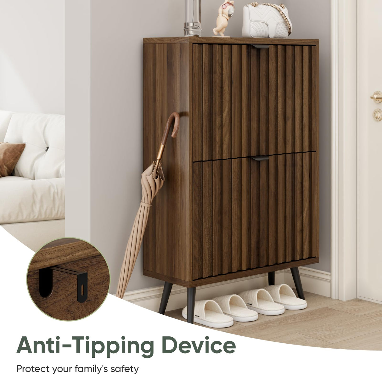 Smuxee Shoe Cabinet with 2 Flip Drawers, 23.6" Walnut Hidden Shoe Storage Cabinet with Fluted Design, Freestanding Shoe Organizer Cabinet for Entryway, Hallway, Closet, Living Room Smuxee