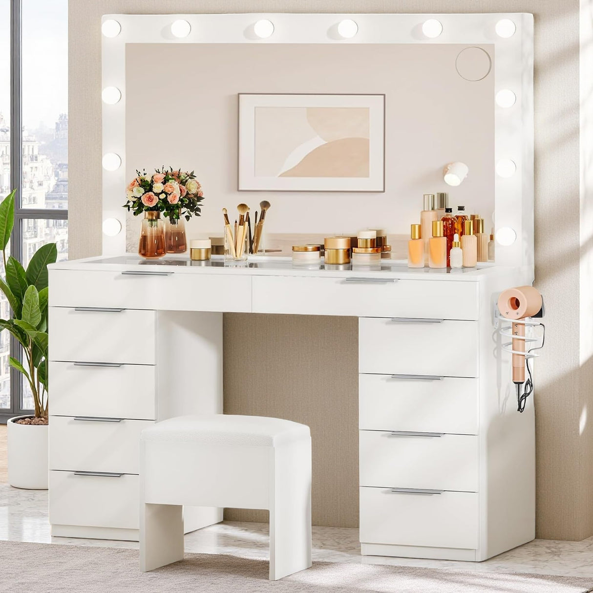 DWVO 46'' Glass Top Makeup Vanity with 10 Drawers, Vanity Desk Set with Large LED Mirror, Built-in Charging Station & Cushioned Storage Chair, Dressing Table with 3-Color Light Modes, Cream White DWVO