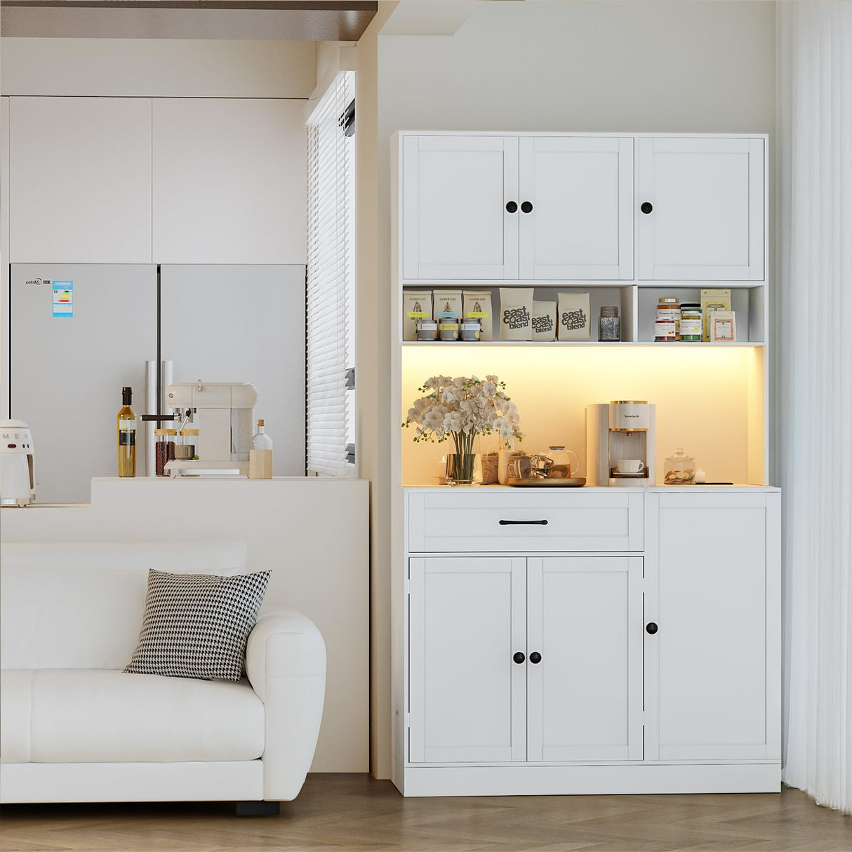 FJTJBSI 72" Kitchen Pantry Cabinet with Charging Station and LED Light Tall Pantry Storage Cabinet with Adjustable Shelves Freestanding Kitchen Hutch with Countertop for Dining Room White FJTJBSI