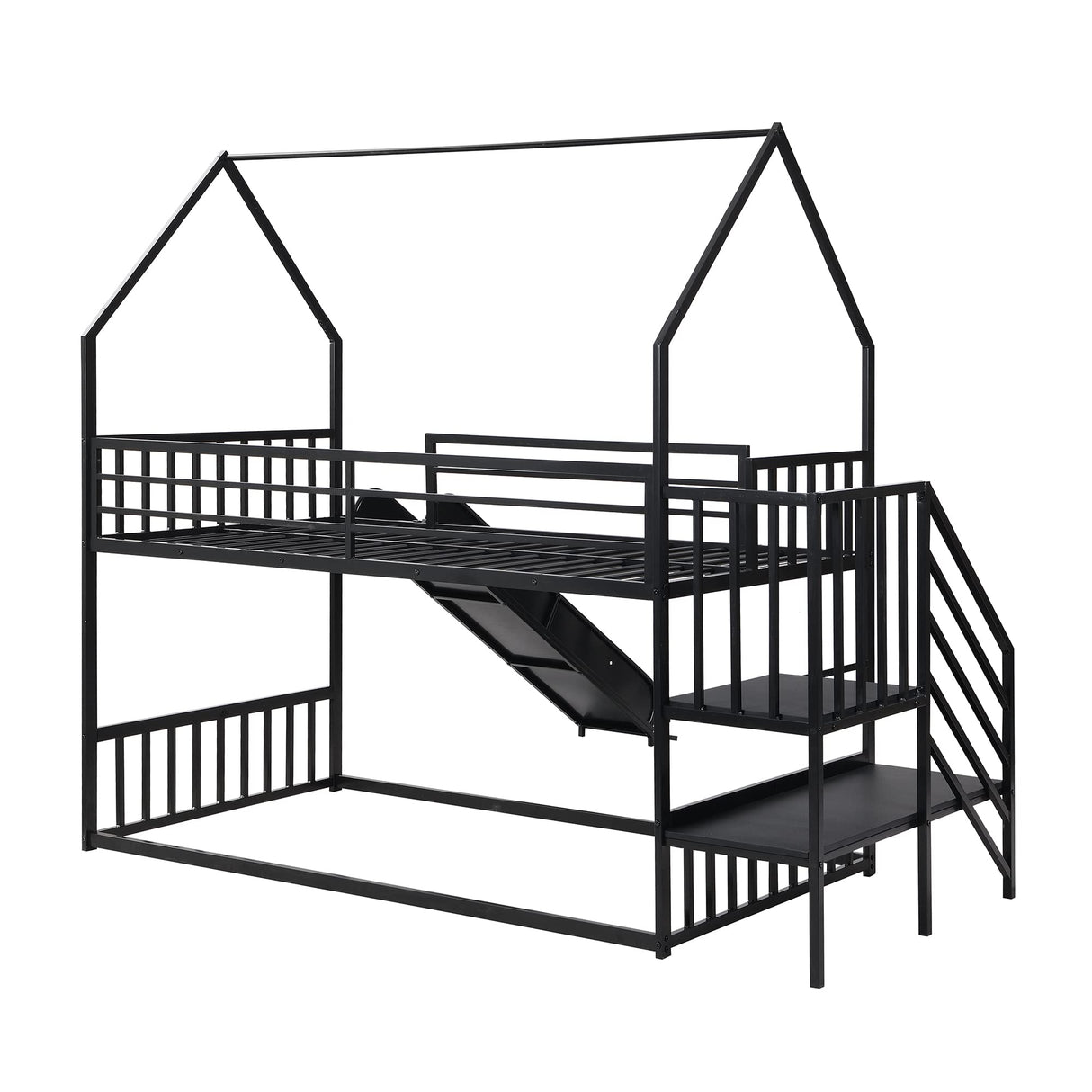 Harper & Bright Designs Twin over Twin Metal Bunk Bed with Slide and Stairs, Low Bunk House Bed for Kids, Floor Bunk Bed, Modern Style Heavy-Duty Steel Frame (Black) Harper & Bright Designs