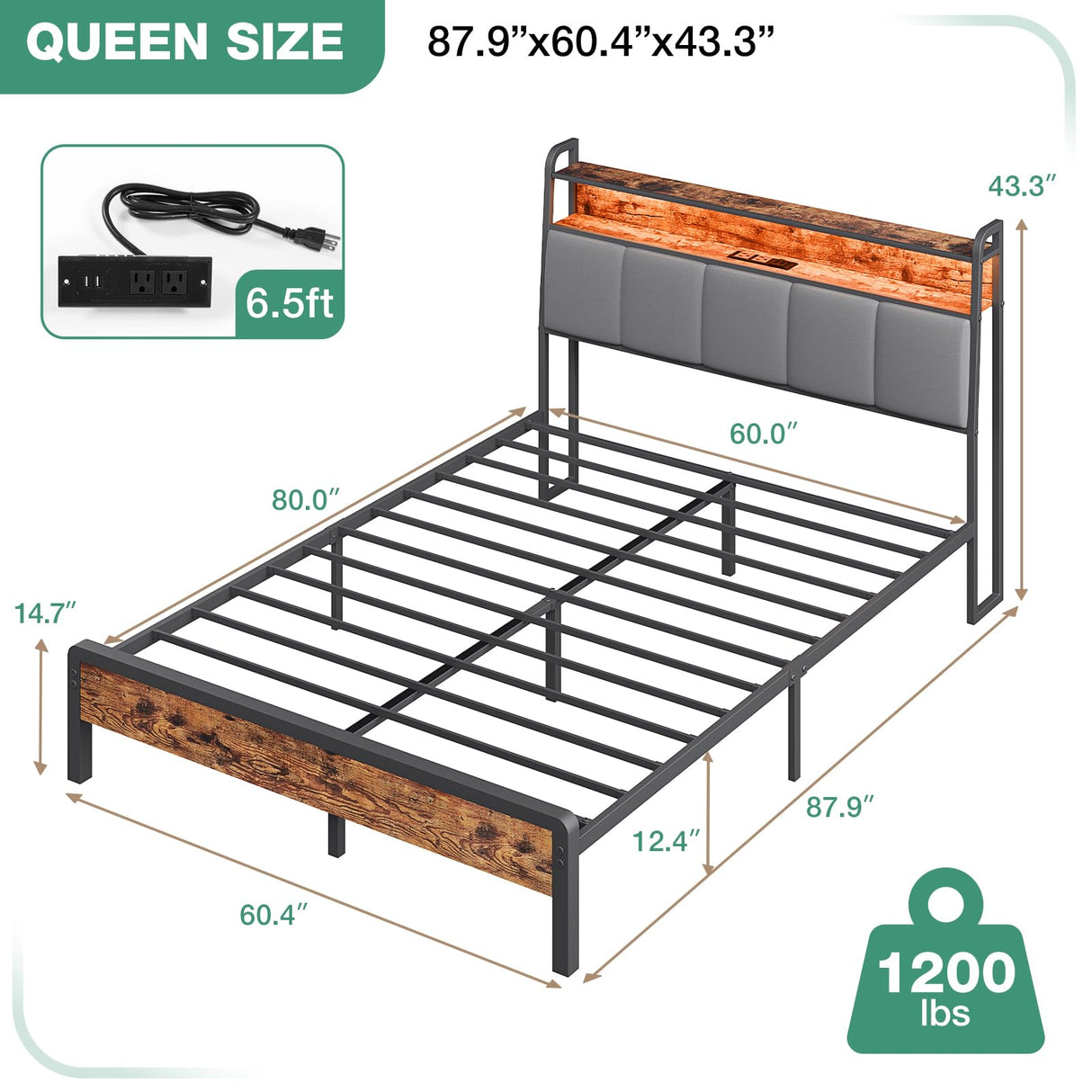 Novilla Queen Size Bed Frame With Headboard, Metal Frame With Lights & Charging, 12 Inches Storage Space, Heavy Duty Steel Slat Support, No Box Spring Needed Novilla