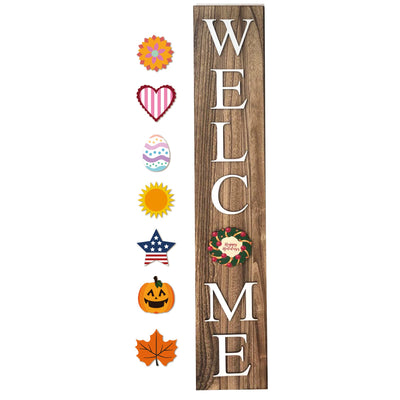 ALBEN Welcome Sign for Front Door Porch with Ornamental Tiles - 8 Interchangeable Seasonal Tiles, Celebrate Holidays and Seasons, Vertical Wooden Outdoor and Indoor Welcome Home Decor Sign (Brown)
