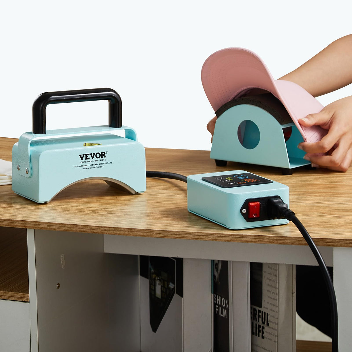 VEVOR Hat Press Machine, Mini Hat Heat Press for Caps with Integrated Control Panel, Cap Heat Press Machine with 5.9x3.15 inch Curved Heating Plate, Safety Base, and Glove, Automatic Shut-Off, Green VEVOR