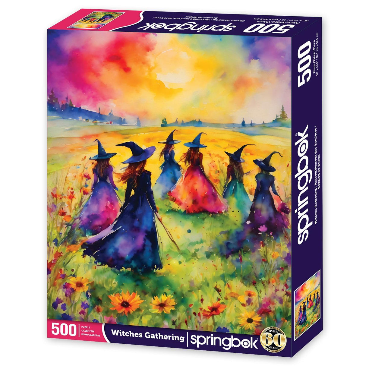 Springbok's Witches Gathering 500 Piece Puzzle for Adults is a Watercolor Image of Witches Gathering in a Blossoming Field Springbok