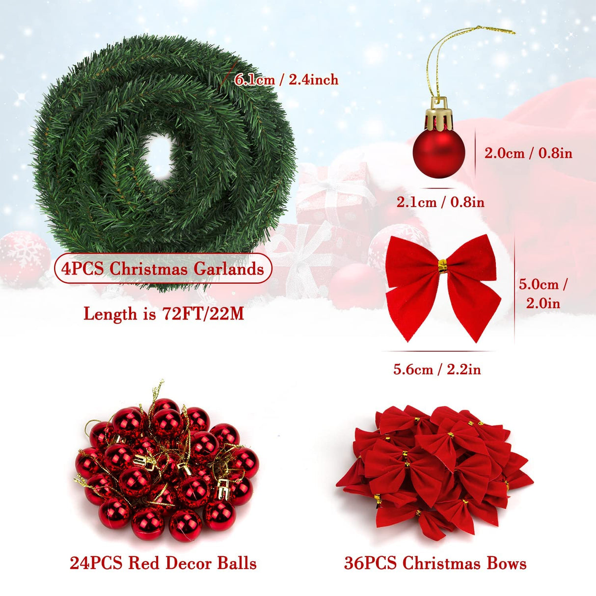 72Feet Christmas Garland, Icnice Garland Christmas Decorations with 36 Xmas Red Velvet Bow and 24Decor Ball, Artificial Pine Garland Xmas Tree Wreath Non-Lit Greenery Decoration for Home Wedding Party Icnice