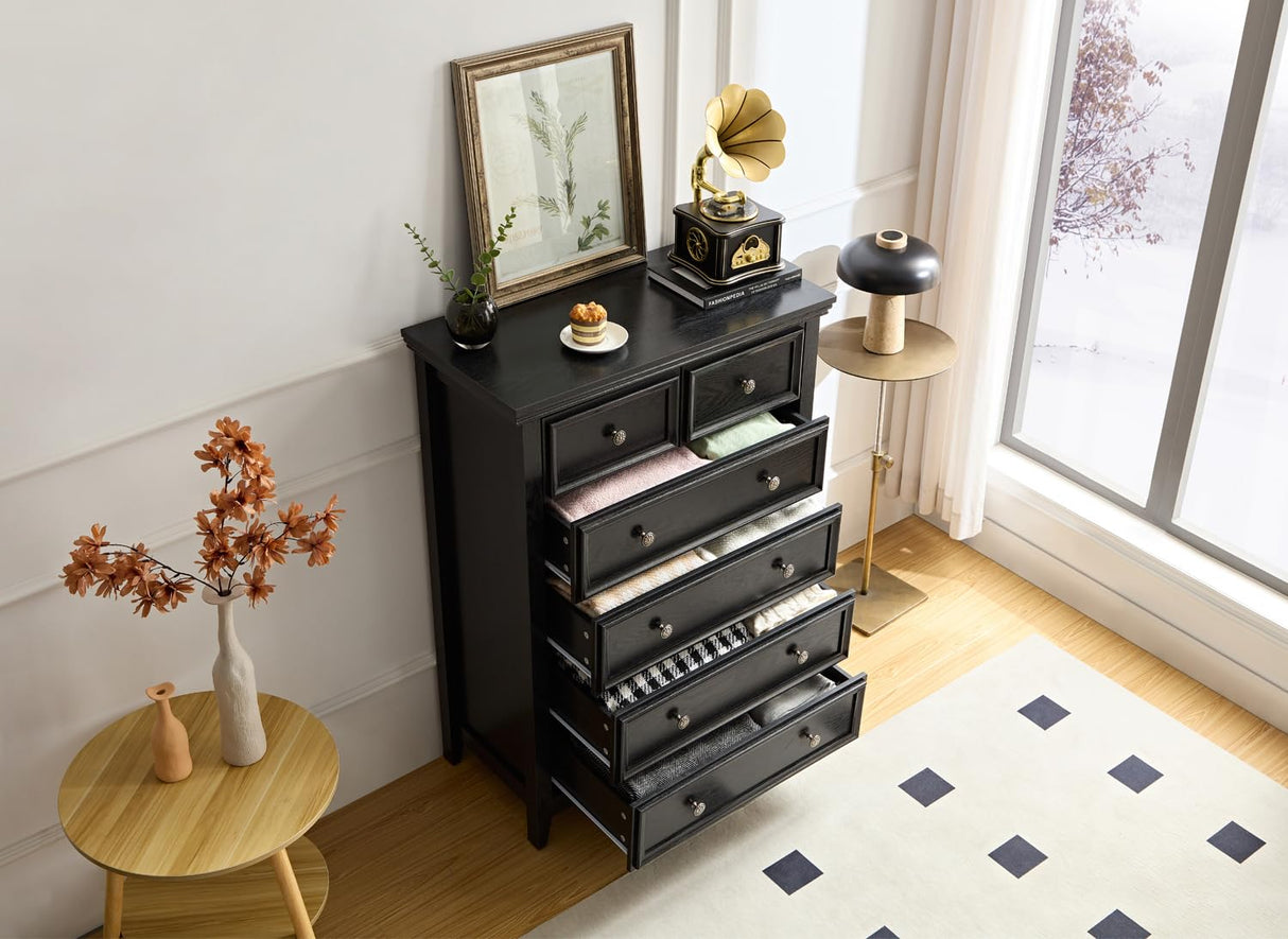 BOSHIRO Black Dresser, 6 Chest of Drawers, Modern Black Dresser for Bedroom, Farmhouse Dresser, Storage Organizer Drawer Cabinet with Wide Drawers for Entryway and Hallway BOSHIRO