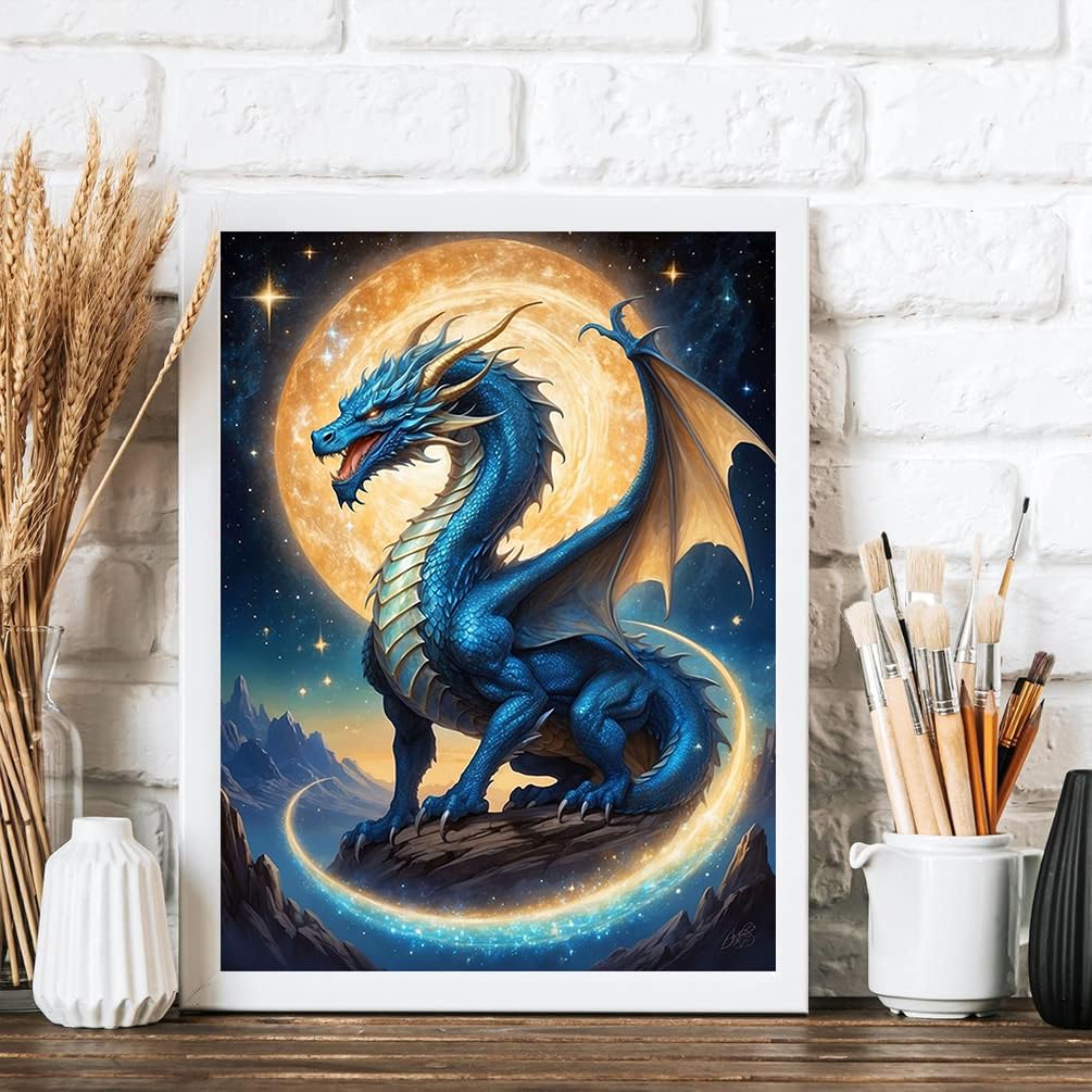 Ekuxom Dragon Diamond Art Kits for Adults, 5D Moonlight Diamond Painting Kits for Adults, DIY Full Round Drill Diamond Dot Gem Art for Craft Home Wall Decor Gift 12x16 inch Ekuxom