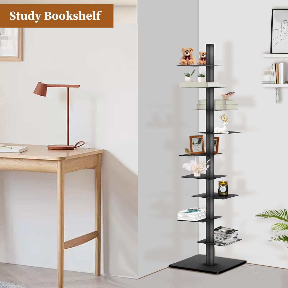 9 Tier Metal Vertical Bookshelf Tower, Freestanding Invisible Spine Bookshelf, Tall Ladder Bookcase Floating Shelf for Small Spaces, Modern Storage Corner Shelf for Living Room, Office, Bedroom Decor GENMOUS & CO.