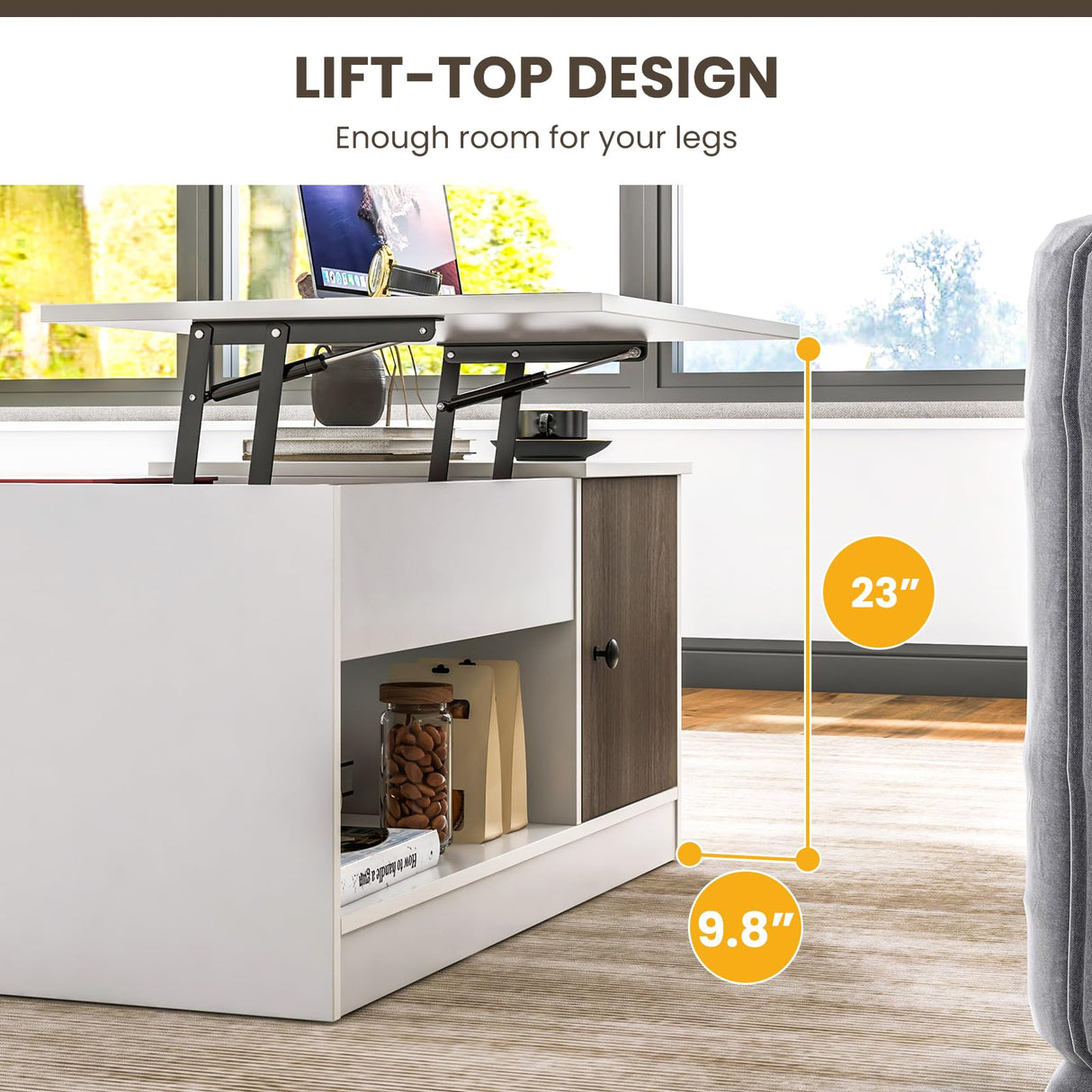 Tangkula White Lift Top Coffee Table, Wood Lift Tabletop Living Room Center Table w/Hidden Storage Compartment, Side Open Shelves & Single Door Cabinet, Modern Cocktail Tea Table for Home Office Tangkula