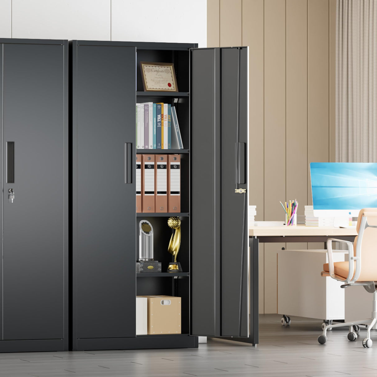 Crownland 63" Metal Storage Cabinet, Lockable Garage Storage Cabinets, High Office Cabinet with Adjustable Shelves for Garage, Home Office, Pantry, File(Black) Crownland