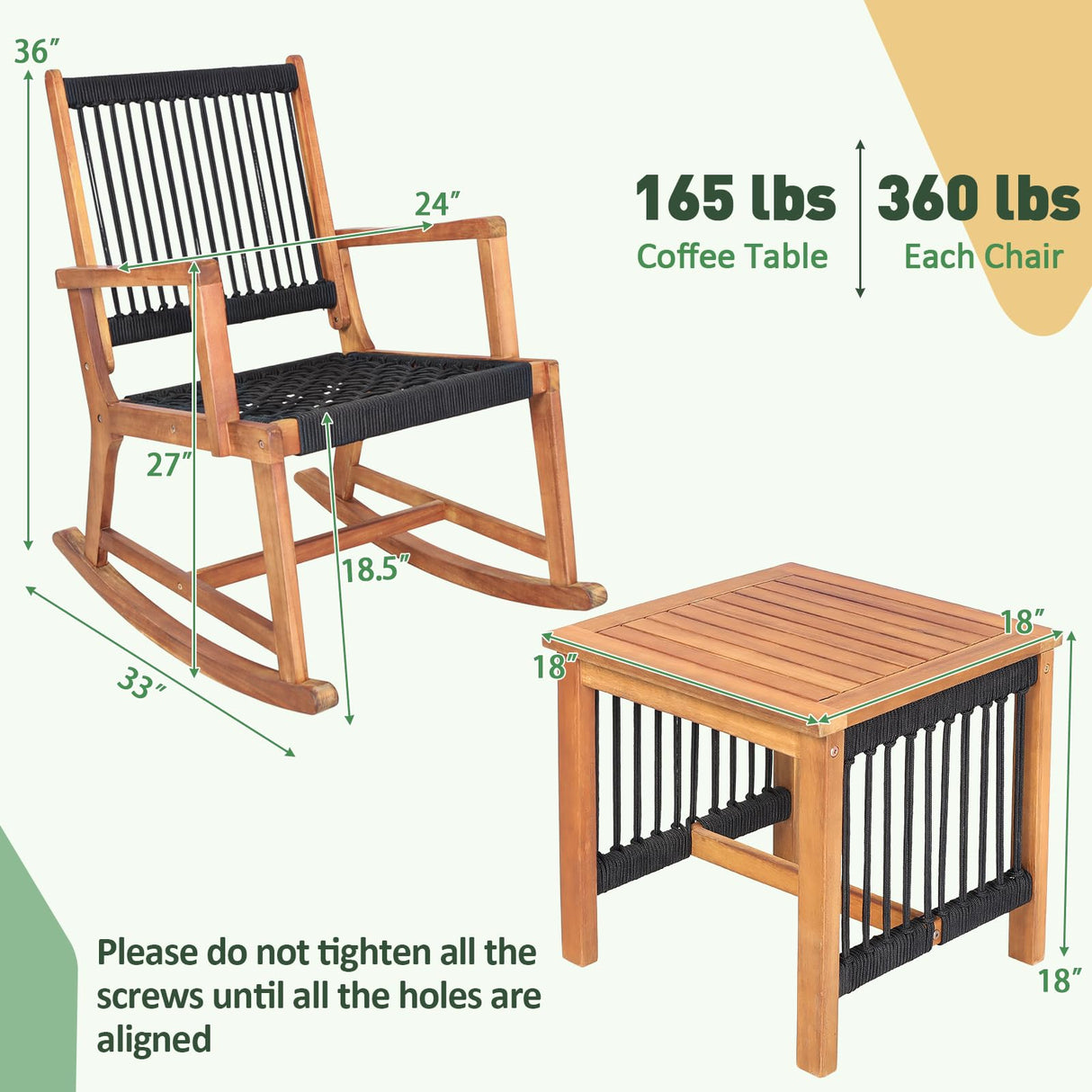 Tangkula 3 Pieces Acacia Wood Rocking Bistro Set, All-Weather Rope Woven Patio Furniture Set with Coffee Table, Outdoor Conversation Set for Front Porch, Deck, Balcony (Black & Natural) Tangkula