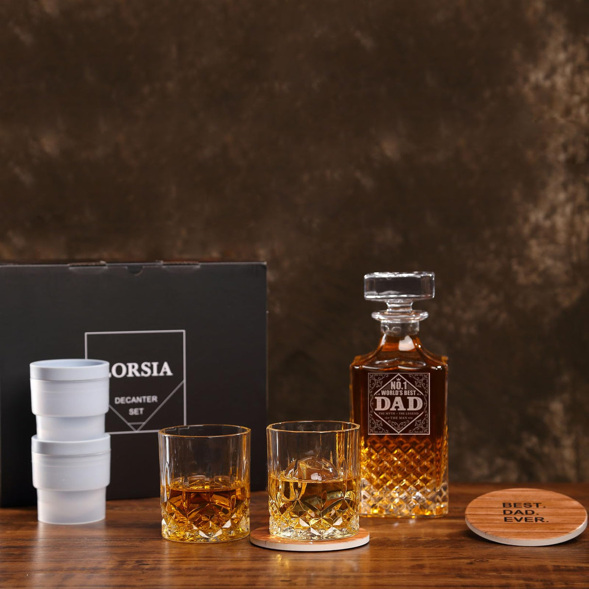 Gifts for Dad Men, Whiskey Decanter Set with Gift Box, Unique Christmas Gift from Daughter or Son, Perfect Birthday and Retirement Present for Men - Includes 2 Ice Molds, 2 Coasters, and a Gift Card LORSIA