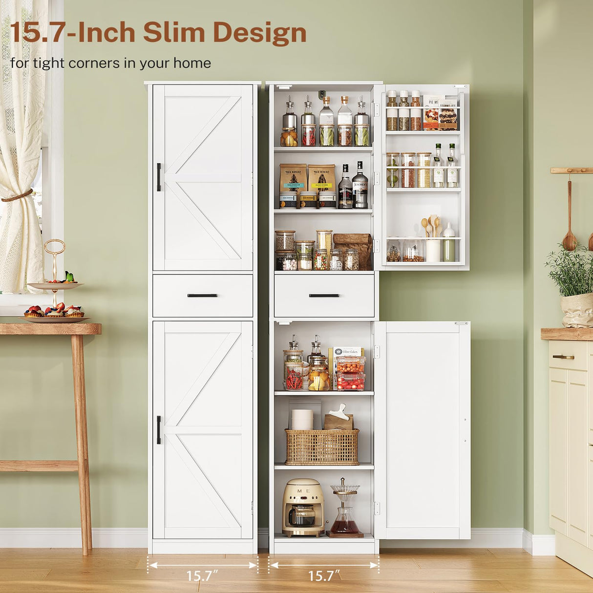 TEENFON Tall Storage Cabinet with 3 Door Shelves & 1 Drawer, Narrow Kitchen Pantry Cabinet for Living Room, Bathroom, Entryway, White TEENFON