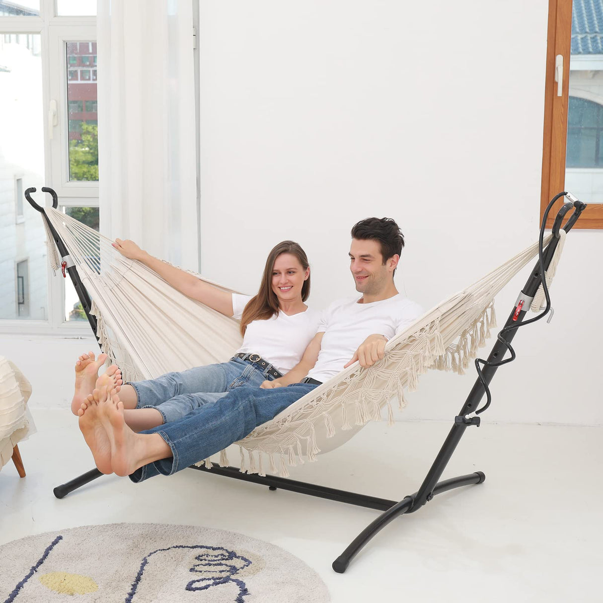 SXSEAGLE Hammock Hanging Swing Double Max 500lbs Macrame for Indoor Outdoor Patio Yard Garden (Beige) SXSEAGLE